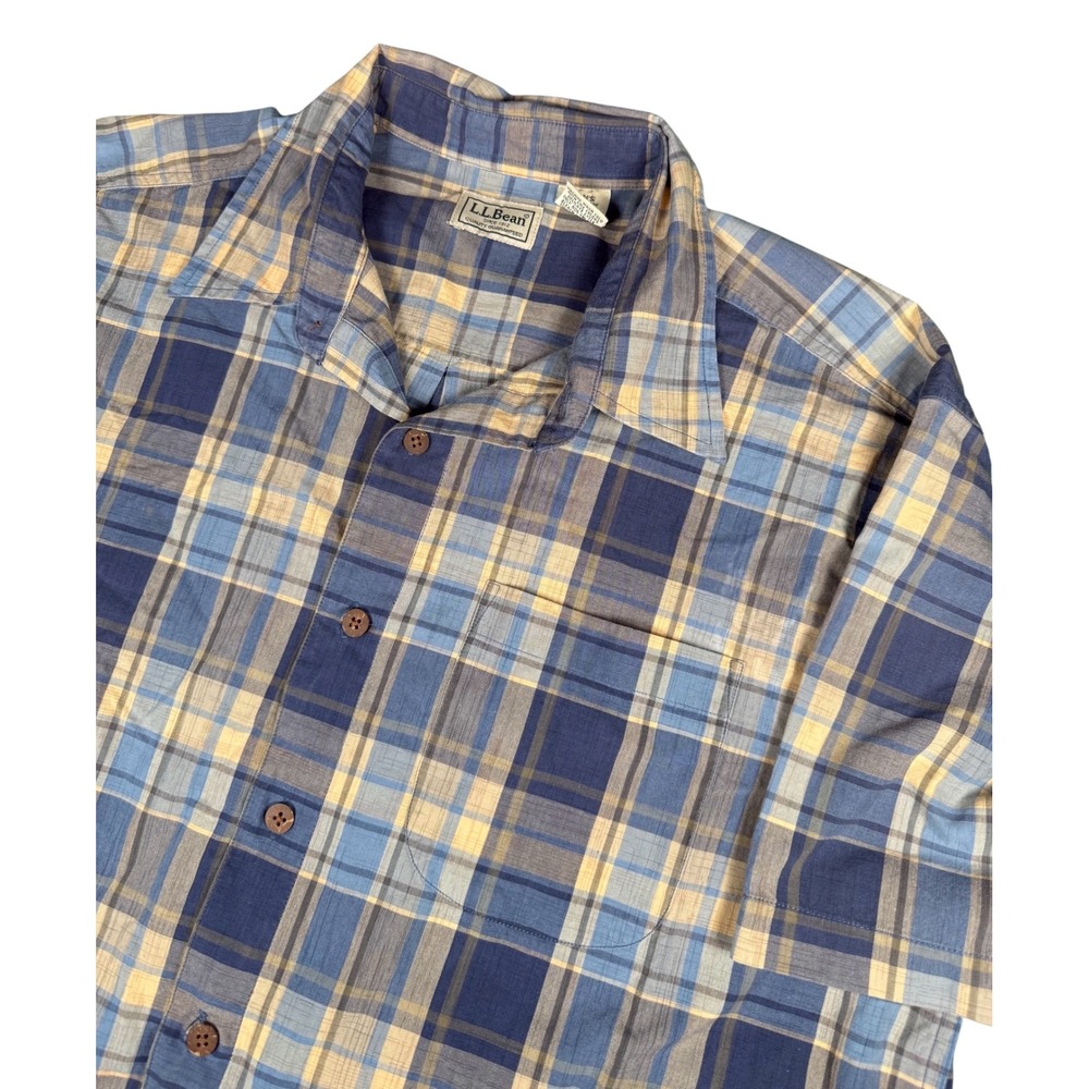 LL Bean Men's Plaid Shirt Button Up Short Sleeve Casual Blue Yellow Large